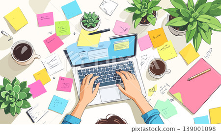 Person working on laptop with many sticky notes 139001098