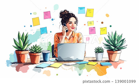 Woman working on laptop while talking on phone 139001099
