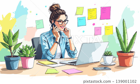 Young woman working remotely from home with laptop and phone 139001102