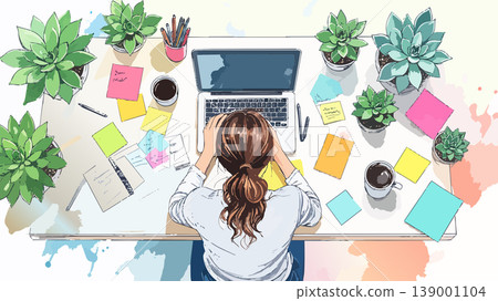 Woman experiencing work stress with hands on head 139001104