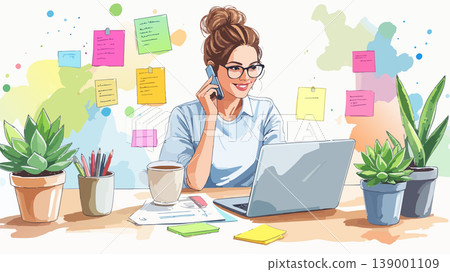Businesswoman talking on phone working from home office 139001109