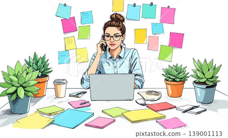 Businesswoman multitasking talking on phone and working at desk Businesswoman multitasking talking on phone and working at desk 139001113