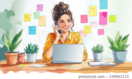 Smiling woman talking on phone working at desk Smiling woman talking on phone working at desk 139001115