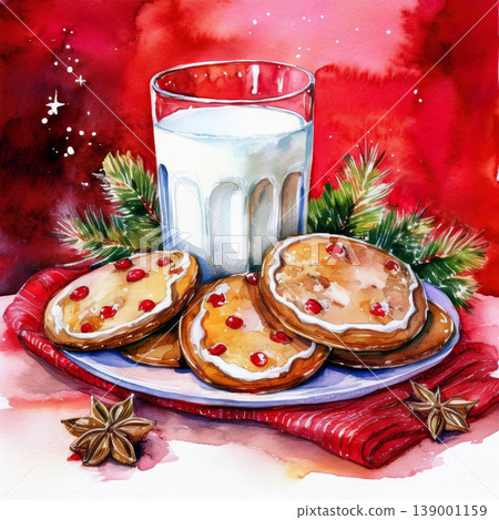 Christmas cookies and milk watercolor art 139001159