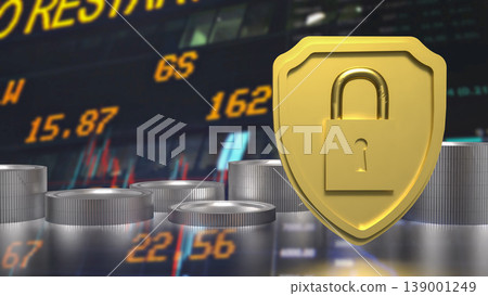 Secure Financial Protection Concept with Lock and Coins 3d render. 139001249