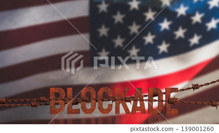 Rusty Blockade Concept With Barbed Wire Over American Flag 3d render. Rusty Blockade Concept With Barbed Wire Over American Flag 3d render. 139001260
