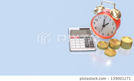 Time Management And Financial Planning Concept With Clock Coins And Calculator 3d render. Time Management And Financial Planning Concept With Clock Coins And Calculator 3d render. 139001271