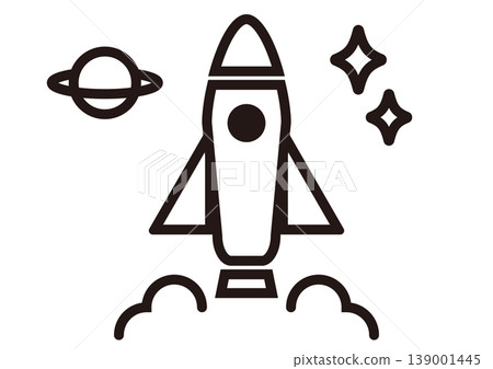 太空主題的簡單線條藝術圖示（太空梭、土星、星星） 139001445