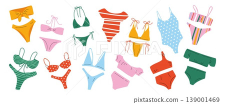 Hand drawn vector set of women swimsuits bikinis and one pieces for summer beach vacation Hand drawn vector set of women swimsuits bikinis and one pieces for summer beach vacation 139001469