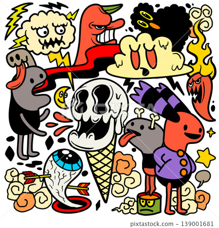 Isolated separated layered colorful cartoon doodle characters with surreal emotional Isolated separated layered colorful cartoon doodle characters with surreal emotional 139001681