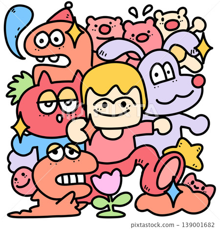 Isolated separated layered colorful cartoon character group with playful expression Isolated separated layered colorful cartoon character group with playful expression 139001682