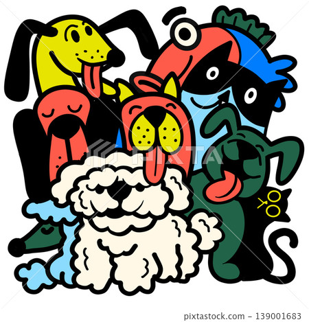 Isolated colorful illustration of separated layered cartoon dogs with playful expression 139001683