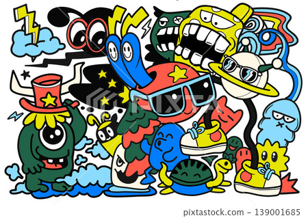 Isolated colorful illustration of separated layered cartoon characters with playful 139001685