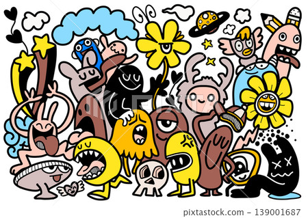 Isolated colorful illustration of layered separated cartoon doodle characters with Isolated colorful illustration of layered separated cartoon doodle characters with 139001687
