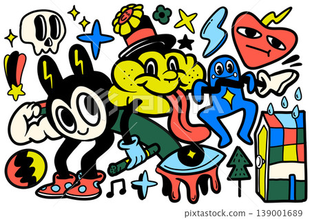 Isolated colorful illustration with separated layered cartoon characters and playful Isolated colorful illustration with separated layered cartoon characters and playful 139001689