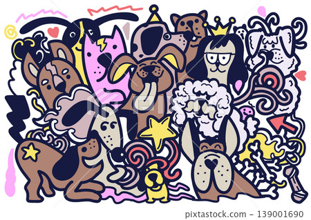Isolated colorful illustration of separated layered cartoon dogs with playful expression Isolated colorful illustration of separated layered cartoon dogs with playful expression 139001690