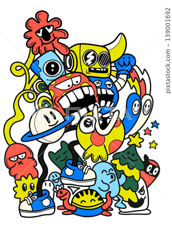 Isolated colorful illustration of layered separated cartoon characters with playful Isolated colorful illustration of layered separated cartoon characters with playful 139001692