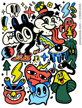 Isolated colorful illustration of layered cartoon characters separated with playful Isolated colorful illustration of layered cartoon characters separated with playful 139001694