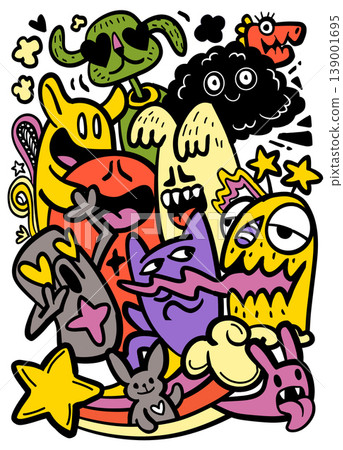 Isolated separated layered colorful cartoon doodle characters with playful emotional Isolated separated layered colorful cartoon doodle characters with playful emotional 139001695