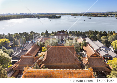 Scenic view of Summer Palace Kunming lake from the elevated Tower of Buddhist Incense in Beijing 139001962