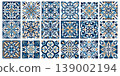 Mediterranean ceramic tiles with blue Portuguese patterns. Floral ornaments and geometric motifs for authentic mosaic designs and traditional decor projects. Vector Amalfi style vintage illustration. 139002194