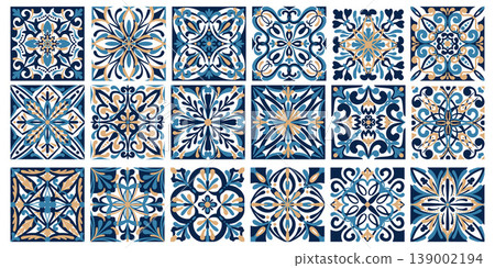 Mediterranean ceramic tiles with blue Portuguese patterns. Floral ornaments and geometric motifs for authentic mosaic designs and traditional decor projects. Vector Amalfi style vintage illustration. 139002194