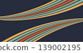 Groovy rainbow line background. Retro 70s graphic. Wavy flow poster design. Curved perspective vector stripes. Minimalistic futuristic geometric bg 139002195