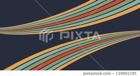 Groovy rainbow line background. Retro 70s graphic. Wavy flow poster design. Curved perspective vector stripes. Minimalistic futuristic geometric bg Groovy rainbow line background. Retro 70s graphic. Wavy flow poster design. Curved perspective vector stripes. Minimalistic futuristic geometric bg 139002195