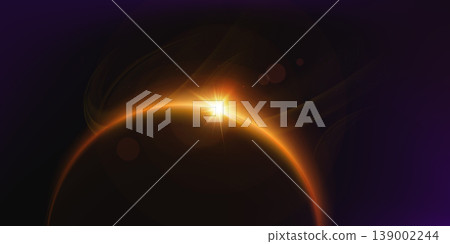 3D Rendering of earth from space with run rising and ray light flare at horizon among glowing stars in galaxy 139002244