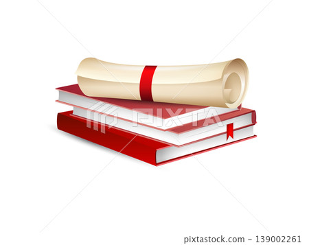 3d illustration of stack of books with folded paper certificate concept of education 3d illustration of stack of books with folded paper certificate concept of education 139002261
