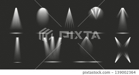 Bright lighting spotlights set. light sources isolated on transparent background 139002364