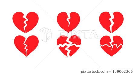Broken heart icons set. Cracked on heart flat icons. Symbol divorce or heartbreak 139002366