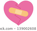 An illustration of a pink, cracked heart with a bandage on it. 139002608