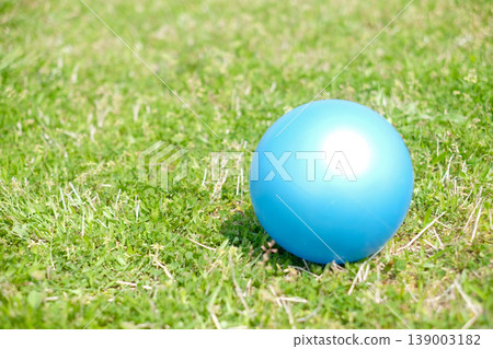 A yellow rubber ball placed on the grass A yellow rubber ball placed on the grass 139003182