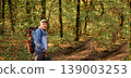 Man with a large backpack and a bucket walking on a dirt road through an autumn forest. Side view of a hiker exploring nature during golden hour. Wide panoramic shot with copy space 139003253