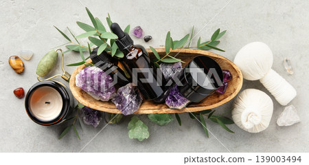 Holistic Spa Essentials with Amethyst and Aromatherapy Oils Holistic Spa Essentials with Amethyst and Aromatherapy Oils 139003494