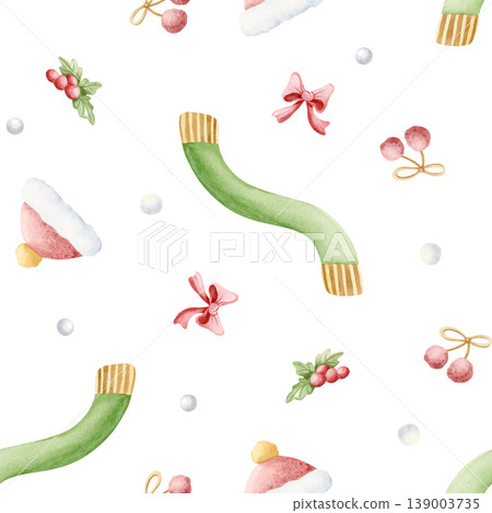 Cozy winter clothes watercolor seamless pattern on white. Green scarf, red Santa hat and pompoms simple repeat background. Christmas hand drawn backdrop in traditional colors and cartoon style 139003735