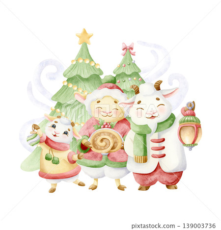 Family Christmas celebration watercolor illustration. Cute cartoon lambs and goats with decorated fir trees, cake, bauble and lantern. Festive hand drawn clip art with funny animals in winter clothes 139003736