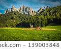 Small chapel on the green field in Funes Valley, Italy 139003848