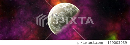 Panoramic sci-fi background featuring a detailed alien planet against a vibrant pink and magenta nebula. Panoramic sci-fi background featuring a detailed alien planet against a vibrant pink and magenta nebula. 139003989