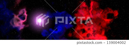 Panoramic deep space background. Vibrant red and blue nebula clouds with bright glowing central star. Panoramic deep space background. Vibrant red and blue nebula clouds with bright glowing central star. 139004002