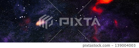 Vast universe starfield panorama. Deep cosmic galaxy texture with red gas clouds, bright stars and distant comet. Vast universe starfield panorama. Deep cosmic galaxy texture with red gas clouds, bright stars and distant comet. 139004003
