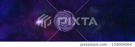 deep space background. Abstract purple spiral vortex, cosmic portal or wormhole in starry galaxy. Sci-fi banner. 139004004