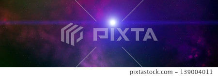 Panoramic deep space background with bright glowing star, cinematic lens flare, and purple nebula. 139004011