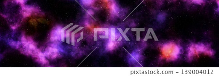 Panoramic abstract space background with vibrant purple and magenta nebula clouds. 139004012
