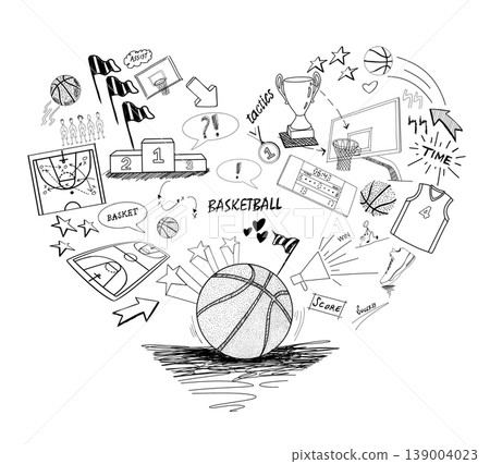 Hand-Drawn Basketball Doodles Forming a Heart Shape 139004023