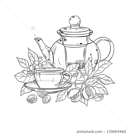 Nutmeg Tea in Teapot Outline Illustration. 139004468