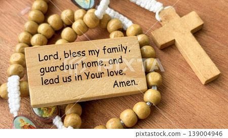 Prayer for Family blessing text with Holy Rosary representing compassion mercy and Christ centered love. Prayer for Family blessing text with Holy Rosary representing compassion mercy and Christ centered love. 139004946
