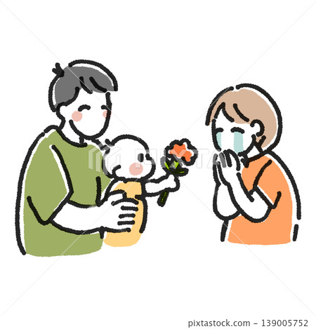 An illustration of a mother happily receiving carnations from her father, who is holding their baby, on Mother's Day. 139005752