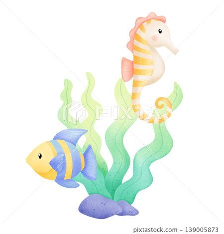 watercolor illustration of seahorse and fish watercolor illustration of seahorse and fish 139005873